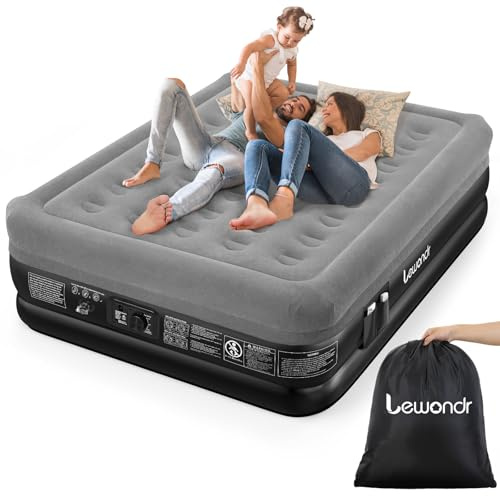 Lewondr Materasso Gonfiabile Matrimoniale con Pompa Integrata, 203x152x46CM Materasso Gonfiabile Durevole Regolabile, Materasso ad Aria Veloce da 3 Minuti per Campeggio Casa Viaggio(300kg MAX), Grigio
