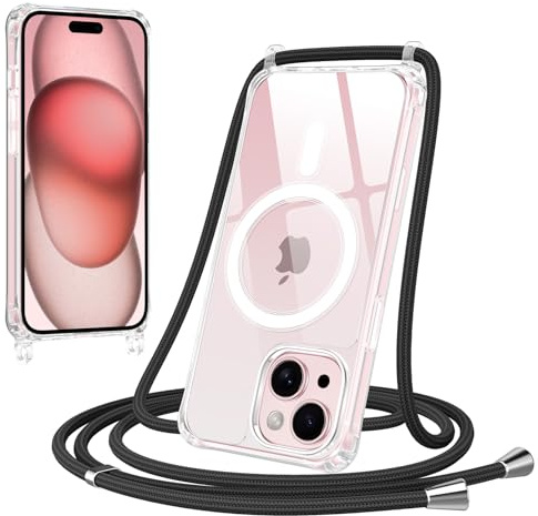 Jrkvniv Magnetica Trasparente Cover per iPhone 15 con Cordino, Compatibile con Magsafe, Trasparente Ultra Sottile Silicone TPU Antiurto Custodia con Collana Laccio rimovibile per iPhone 15, Nero