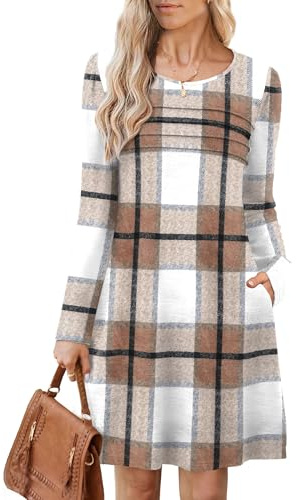 OFEEFAN Long Sleeve Sweater Dress Fall Dresses for Women 2025 Tunic Dress Winter Fashion Casual Work Brown Grid Large