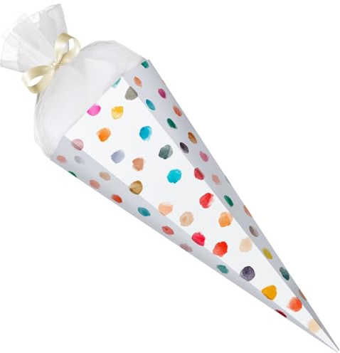 GRAVURZEILE - Bedruckte Schultüte - Muster Punkte - Rohling mit versch. Motiven zum basteln - Geschenk zur Einschulung - Sechseckige Zuckertüte für Jungen & Mädchen - 61 cm mit Tüll-Verschluss