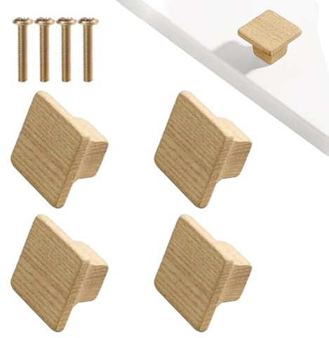 TopHomer 4 Stück Möbelknöpfe Holz mit Schrauben, Natur Eschenholz Möbelgriffe, Dekorativ Holzknöpfe für Schränke, Schubladen, Quadratisch