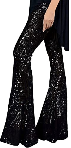 Womens Sequin Flared Trousers Elasticated High Waist Wide Leg Trousers Skiny Glitter Bootcut Pants Sparkly Bootleg Pant Elegant Palazzo Trouser Lounge Pants for Party Dance Festival Costumes Black