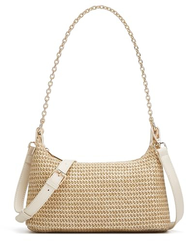 MOPOVO Damen Stroh gewebte Schultertasche Strand Geldbörse Sommer Urlaub Tote Handtasche, Wy09-light brown, Small, Stilvoll