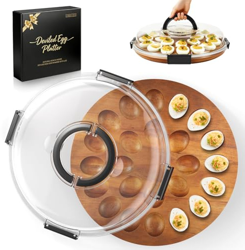 Renmxj Deviled Egg Containers with Lid (24 Eggs), 2026 Upgraded Acacia Wooden Deviled Egg Tray Platter for Party and Home Kitchen, The Lid is Dishwasher Safe (Black)