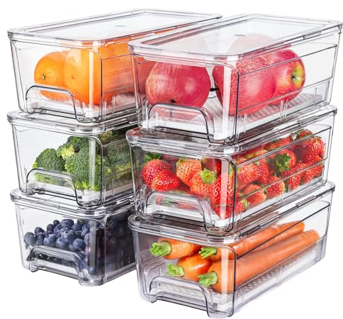Brippo 6-Pack Fridge Drawer Organizer, Pull-out Stackable Refrigerator Organizers and Storage, Clear Fruit Storage Containers Bins with Drain Tray for Kitchen Cabinet, Pantry Organization