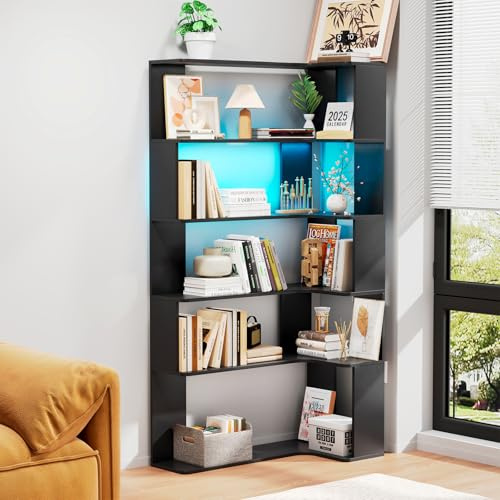 ChromaCasa Libreria Angolare a 5 Ripiani con RGB LED, Scaffale Triangolare per L'angolo, Libreria Verticale, Divisorio per Stanza Salvaspazio per Soggiorno,Studio,Ufficio (90x48x169cm, Nero)