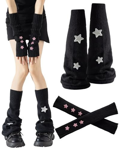 Yawlsow Arm and Leg Warmers for Women Girls Y2k Knit Leg Warmer Kawaii Lolita Goth Harajuku Streetwear Grunge Accessories (Black, One Size)