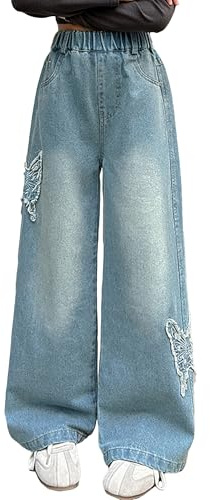 Happy Cherry - Fille Pantalons en Demin Enfant Hip Hop Jeans Baggy Ados Filles Y2K Streetwear Taille Haute Child 5-14 Ans pour Été Printemps Automne Hive - Bleu Clair- 134-140