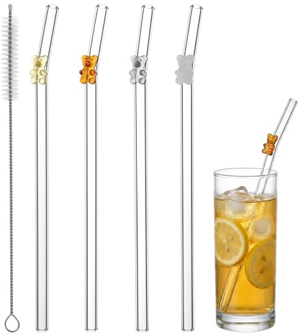 Qianyu 4 cannucce in vetro con ciondoli riutilizzabili a forma di orso, graziose e colorate, cannucce trasparenti con spazzola per la pulizia, infrangibili, per succhi di frutta, tè, caffè, cocktail