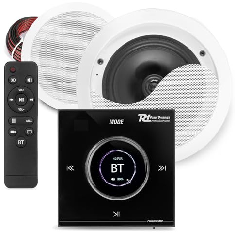 Powerline Bluetooth Bathroom Ceiling Speaker System 8 – In-Wall Amplifier with Touch LCD, 100W Moisture-Proof Ceiling Speakers, Speaker Cable, Wireless Bathroom Audio Kit for Kitchens & Humid Areas
