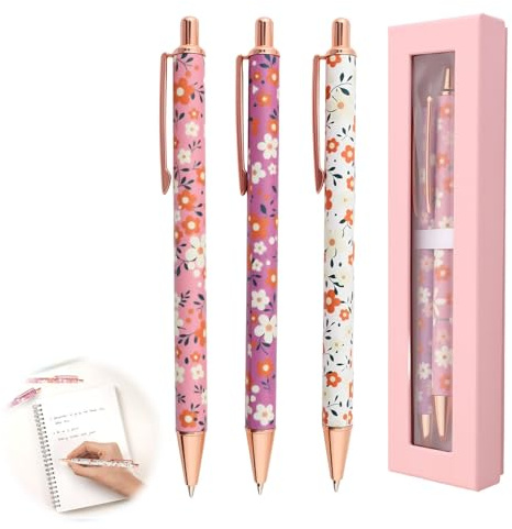 3 Pcs Floral Art Ballpoint Pens Fancy Flower Metal Pen Set with Gift Box Smooth Writing Retractable Pretty Ballpoint Pen for Women Girls Teacher Student Birthday Wedding Festival Stationery Gifts
