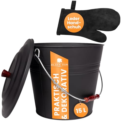 BLACK OAK Ascheeimer KATLA 15L mit Lederhandschuh - schwarz rund mit Deckel | - groß 15 Liter Stahl feuerfest verzinkt & pulverbeschichtet Asche & Kohle Eimer ideales Zubehör für Kachelofen Holzofen