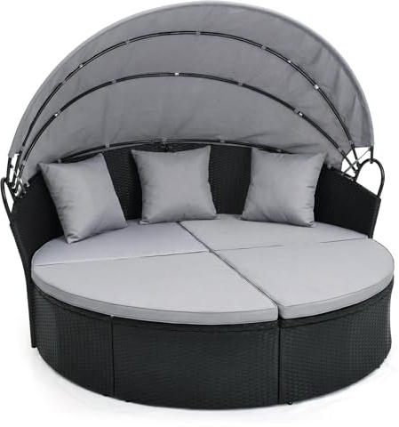 COSTWAY Sonneninsel Rattan mit Dach, Sonnenliege für 2 Personen, Gartenliege mit Sitz- und Rückenkissen, Lounge Möbel Outdoor, Liegeinsel für Garten, Terrasse (Grau)