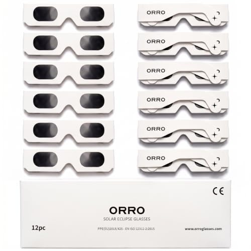 ORRO Solförmörkelseglasögon 40 mm, 2-/6-/12-pack, Vita, Certifierat Ögonskydd, Testade enligt EN ISO 12312-2:2015, CE-märkta för Direkt Solobservation - Modern Fit