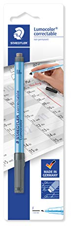 STAEDTLER Folienstift Lumocolor correctable, farbintensive, geruchsarme Tinte, trocken abwischbar, nachfüllbar, schwarz, Linienbreite F, Folienstift auf Blisterkarte, 305 F-9 BK