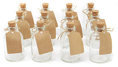 Set of 12 Mini Glass Bottles | Wedding Decorations Favours | 50ml Glass Bottles With Cork Lids | Includes Attached Labels | Kitchen Decorations | M&W