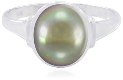 RGPL - echte Edelsteine ​​ovaler Cabochon-Grau-Perlenring - 925er-Sterlingsilber-graue Perlen - echter Edelstein-Ring - feines Schmuckgeschenk für Verlobungsring für Kinder