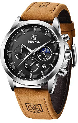 BENYAR Herren Uhr Analog Quarz Chronograph Wasserdicht Leuchtende Datum Stilvolle Lederband Armbanduhr Elegantes Business Herrenuhren Geschenk für Männer