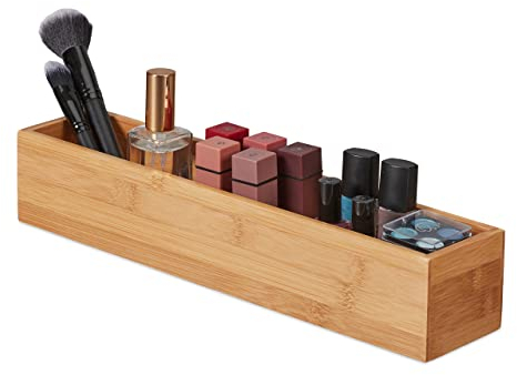 Relaxdays Bambus Box, Aufbewahrung Bad, Küche & Schreibtisch, länglich & schmal, Ordnungsbox, HBT: 7 x 38 x 8 cm, natur, 1 Stück, Hellbraun