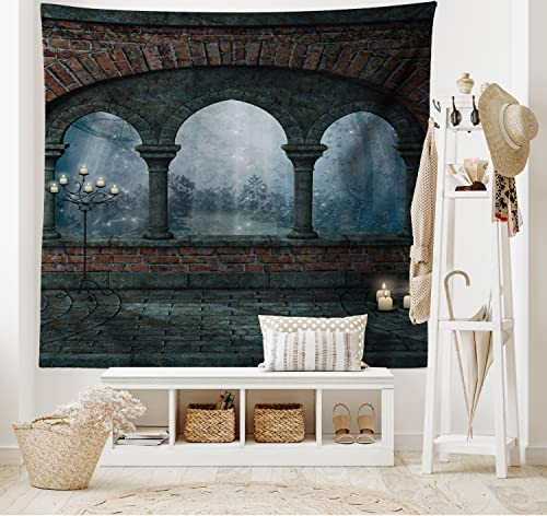 ABAKUHAUS gotisch Wandteppich und Tagesdecke, Mittelalterliche Burg in der Nacht, aus Weiches Mikrofaser Stoff Wand Dekoration Für Schlafzimmer, 230 x 140 cm, Blau, Grau und Rot