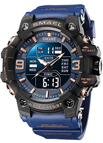 SMAEL Herren Militäruhren Outdoor Sport Uhr Wasserdicht LED Datum Alarm Digital Analog Armbanduhr für Männer, Blau, Large Face, Digital