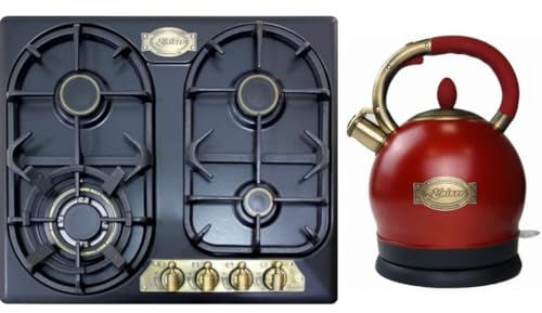 Kaiser Gas-Kochfeld KG 6325 Em, Retro Einbau Gasherd, 60cm, Empire,Emailliert Schwarz,3,8 Kw WOK+WK 2000 RotEm Exklusiver Retro Wasserkocher Kontroll LED 2 L 1800W