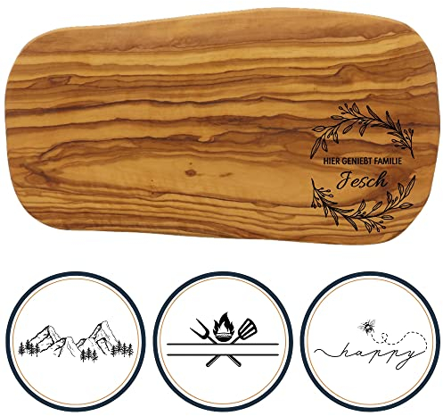 HOFMEISTER® Schneidebrett Olivenholz personalisiert Gravur - Frühstücksbrett, Schneidbrett, Brett mit auffälliger Maserung aus Olive, Geschenk, Frühstück, robustes Holzbrett, 30 cm