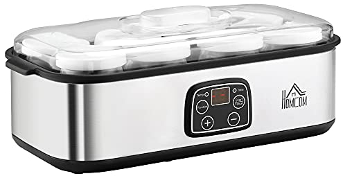 HOMCOM Yaourtière avec 8 pots en verre de 180ml, machine à yaourt électrique en acier inoxydable avec minuterie, thermostat réglable et affichage numérique pour des desserts maison sains