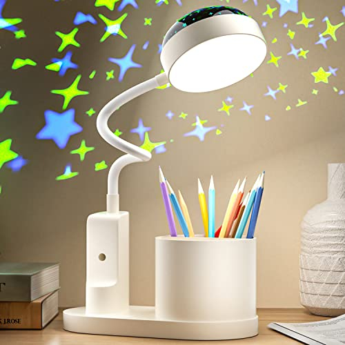 Lampe de Bureau pour Enfants avec Projecteur,Flexible Lampe de Table Sans Fil Dimmable Lampe de Lecture Rechargeable Lampe de Chevet LED Lampe d'étude avec Porte-stylo et Projection d'étoile
