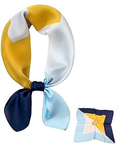 Cyiecweu Seidenschal Damen, Leichter Seidenschal, Bandana, Halstuch, Kopftuch, Eleganter Schal, Geschenk für Frauen/Mutter/Großmutter (Blau Curry)