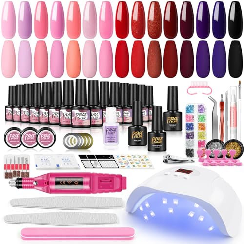 PEACECOLOR Gelnägel Starterset Set mit U V Lampe LED 15 Farben Gel Nagellack Starterset U V Nail Gel Nagellack mit Base und Glossy & Matte Top Coat Gel Nail für Nagel Design
