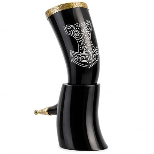 Cuerno vikingo para beber – 12 pulgadas con soporte de cuerno y borde de latón 100% auténtico hecho a mano taza de cerveza | grado alimenticio | cuerno de buey genuino único