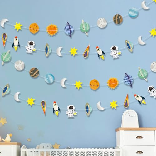 Papiergirlande zum Aufhängen, Motiv: Galaktisches Sonnensystem, Astronauten und Sterne, Dekoration zum Aufhängen, Banner Start in den Weltraum, für Kinderzimmer