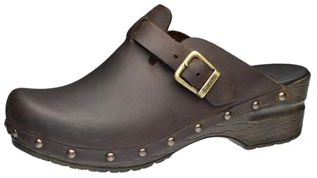 Sanita | Sanila Offener Clog | Original handgemachte, Flexible Leder Clogs für Damen | Anatomisch geformtes Fußbett mit weichem Schaum | Braun | 40 EU