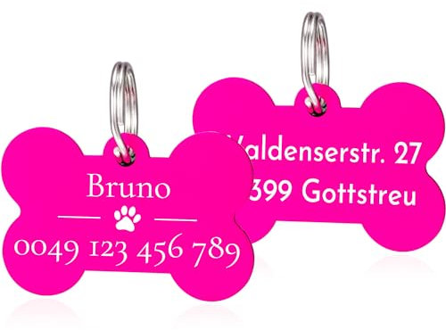 2 Stück Knochen Hundemarke mit Gravur Fuchsie Tiermarke inkl. 2 Schlüsselring Namensschild für Halsband Personalisierte Adressanhänger Erkennungsmarken Knoch Plakette für Hunde Dog Tag