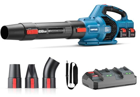 Dong Cheng Soffiatore a batteria 2x18 V, tecnologia a turbina, cambio continuo con 3 ugelli, batteria da 4 Ah e caricabatterie, per foglie di massa e rifiuti ostinati in giardini, su strade e