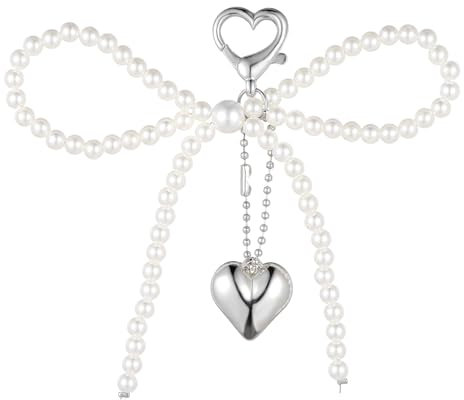 Andibro Schlüsselanhänger mit Perlenschleife, Schlüsselanhänger Süß Schlüsselringe Charms Silber Herz Perle Schleife Handyanhänger Kawaii Bogen Taschenanhänger Handy Anhänger Keychain Phone Charm