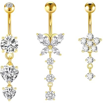 Decentraland 1 SATZ Gold Mit Zirkon 1.6mm (14G) Lang Bauchnabelpiercing Hängend Körper Piercing Knorpel Piercing Schmuck Blume Schmetterling Hypoallergen Titan Stahl Edelstahl 10mm