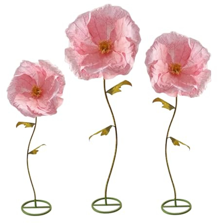 WOHNZA 3 riesige Blumen, große künstliche rosa Mohnblumen | Dekoration Bastelpapier Blume groß mit Standfuß für Empfang Hochzeit Bankett Zeremonie Party Fenster Display Shop