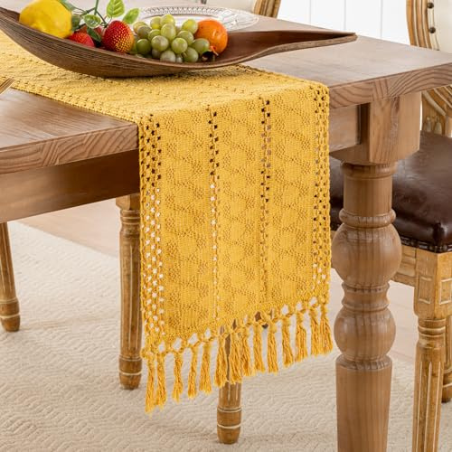 Serento Tischläufer Gelb Makramee Winter Table Runner Bauernhaus Tisch Läufer Rustikaler Landhausstil mit Häkelspitze Quasten Tischlaufer Baumwolle Leinen 30x180cm für Hochzeit Party Urlaub