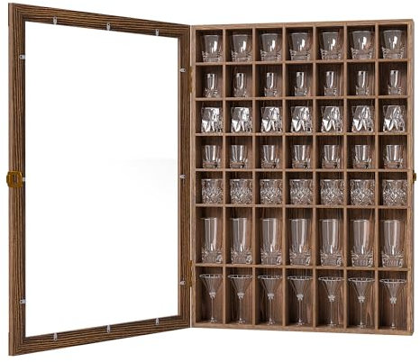Suuiwau Shot Glass Display Case 49 Slots Shot Glass Display Cabinet Holder Wall Mounted Shot Glass Display Shelf Lockable Shot Glass Organizer with Acrylic Door for Shot Glass Collection, Brown, 1Pcs