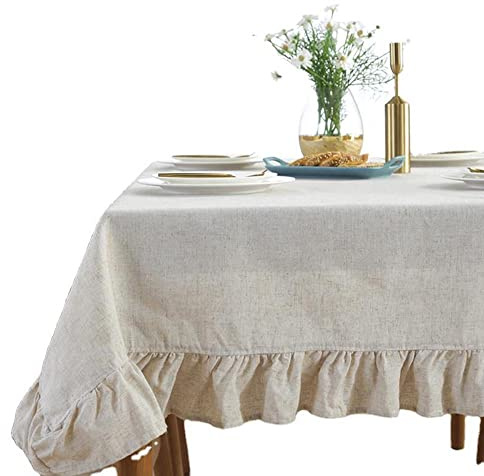 Blausky Tischdecke,Volltonfarbe Baumwolle Landhausstil Tischwäsche Tischtuch Tischdecke Abdeckung mit Rüschen,für Couchtisch Esstisch,Home Küche Party Picknick Weihnachts Dekoration,Beige,140x180 cm