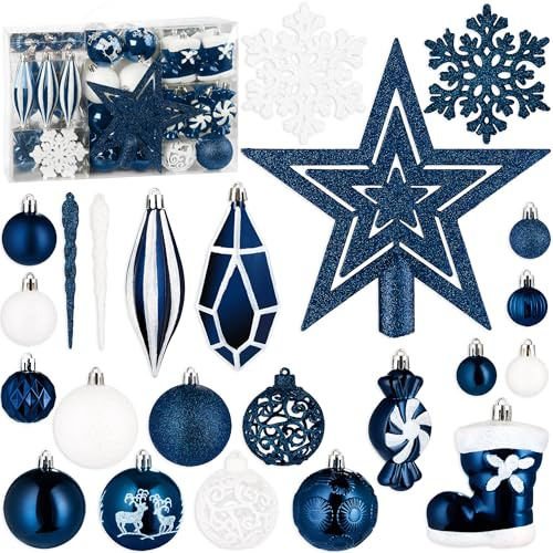BRUBAKER 128 Stück Premium Christbaumschmuck - XXL Weihnachtskugel Set mit Glitzer Kugeln, Eiszapfen, Diamant Anhänger, Bonbon, Nikolaus Stiefel und Baumspitze Stern - Baumschmuck - Blau