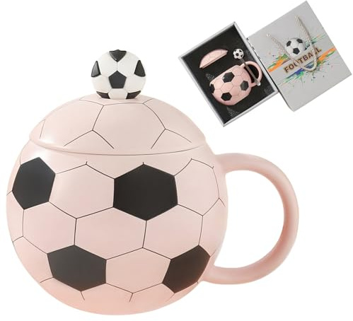 Cute Mugs 14oz Unique Ceramic Coffee Mug with Lid and Spoon, Funny Mugs Cereal Bowl Soccer Gifts for Coaches Fans Players, Gag Sports Cool Stuff Cups Soccer Mom Teacups Retirement Gifts, Pink