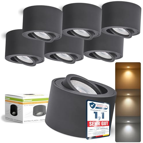 linovum SMOL Aufbauleuchte flach rund Spot schwenkbar anthrazit mit LED Modul drei Lichtfarben 3CCT lumiFLEX - Deckenspot 230V 4W