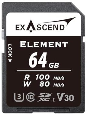 Exascend Element - Tarjeta SD V30 de 64 GB Ultra-HD 4K Video Tarjeta de memoria de alta velocidad SDXC Modo de disparo de ráfaga de 100 MB/s de lectura, 80 MB/s de escritura, UHS-I, Clase 10, U3, V30