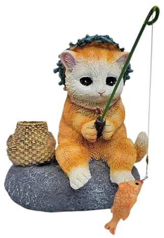 FROMCEO Figura di gatti da pesca in miniatura per prati, esposizione di cortili, scultura animale simulato, accessorio fatto a mano, ornamento da balcone