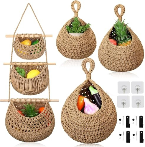 Sonhomay 4pcs Fruit Basket Wall Hanging Basket for Fruit & Vegetable Storage Jute Rope Woven Wall Hanging Produce Storage Holder Over the Door Organizer with 8 Hooks for Kitchen Bedroom Bathroom