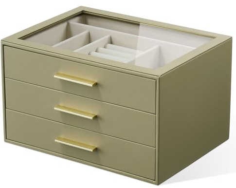 Jewelry Box Organizer Case for Women: 3-Layer Jewelry Storage Case with Glass Window, Olive Green Leather with Cream Velvet, Holder for Ring Necklace Bracelet Brooch Watch, Great Gift for Her