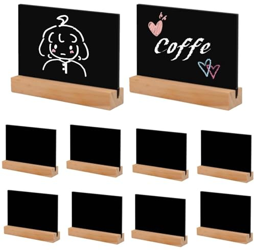 Teouuas 10 Pièces Mini Tableaux Noirs, Petit Tableau Noir avec Support, Tableau Noir avec Support Bois Double Face, Mini Ardoise Réutilisable, Ideal pour Mariage Buffet et Étiquette de Prix